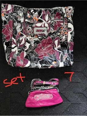 GUESS Pink Patent Mini Crossbody with Floral Black and Plum Tote Set
